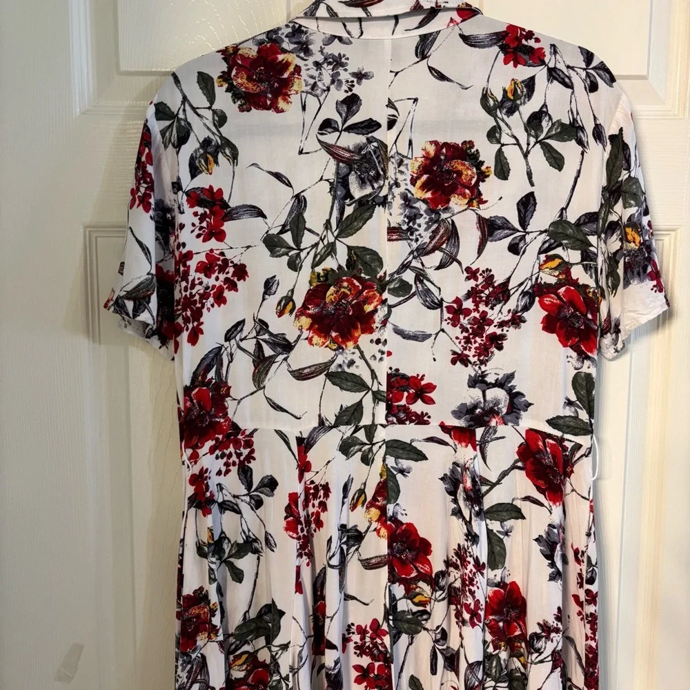 Lulus Floral Shirt Dress Large White Red Belted Fit Flare Mini Dress